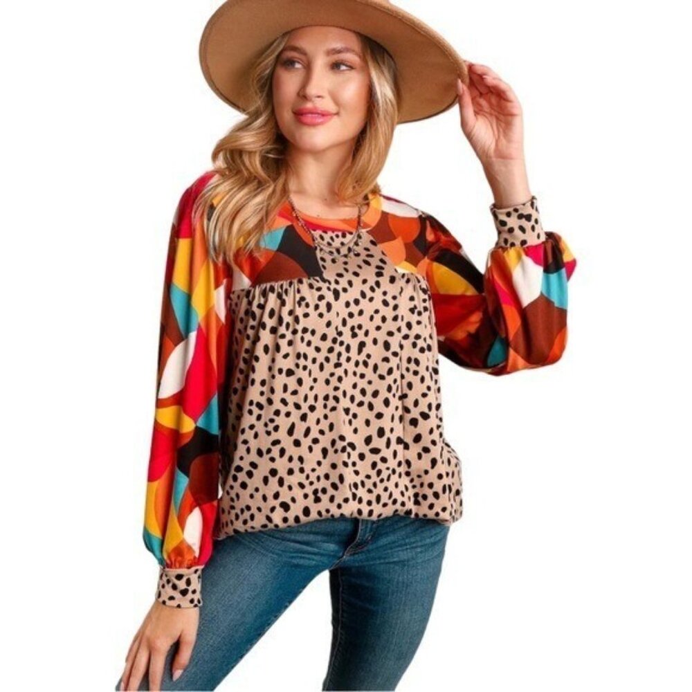 Artsy Geometric Animal Print Top Women Size large Long Sleeve Colorful Boho - Picture 12 of 16
